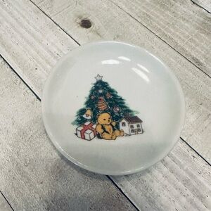 Vintage Christmas Teddy Bear Trinket Dish Ceramic Small Round Holiday 3.25"